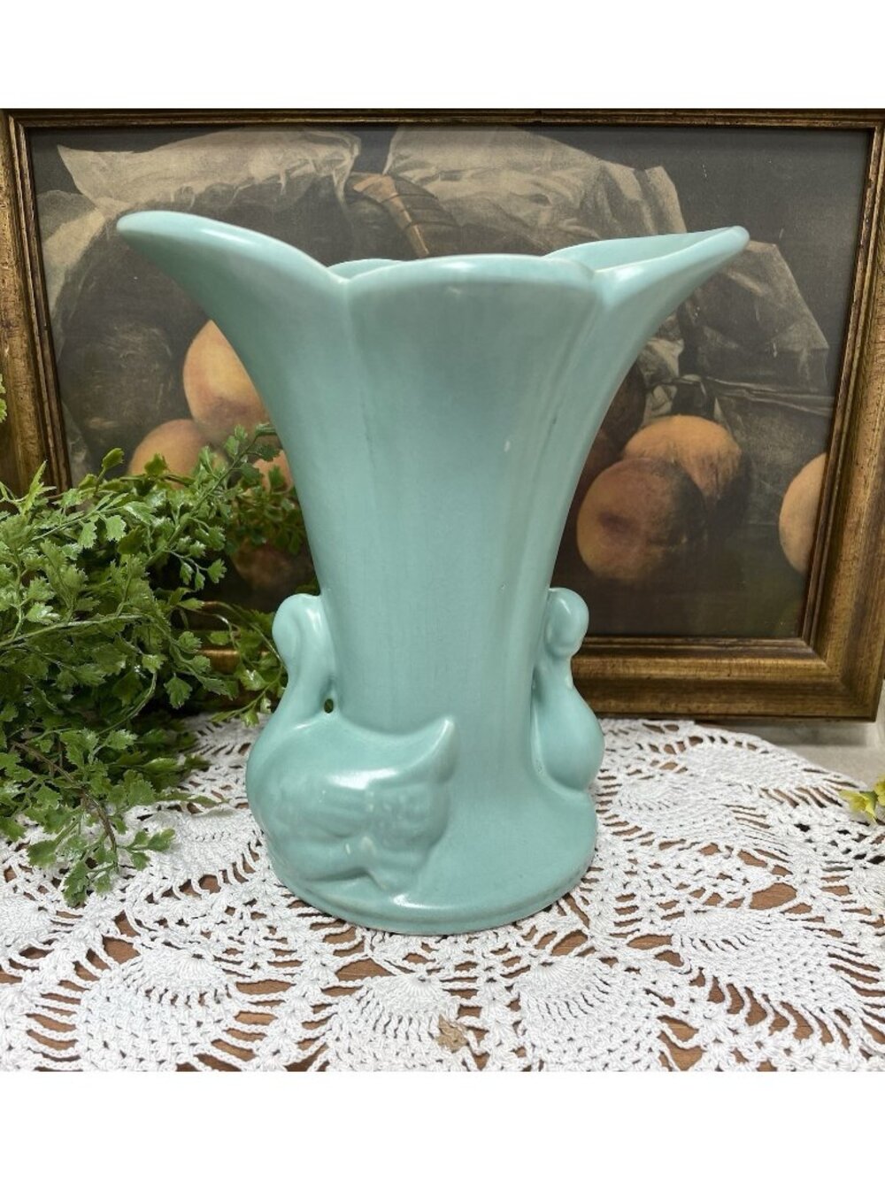 Green Blue Double Swan Pottery Vase Mid Century Modern Beautiful Soft Teal Color